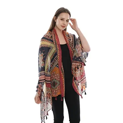 Yeieeo Boho Scarf for Women Lightweight Floral Printed Scarf Fall Winter Fashion Fringed Shawl - YEIEEO (1)