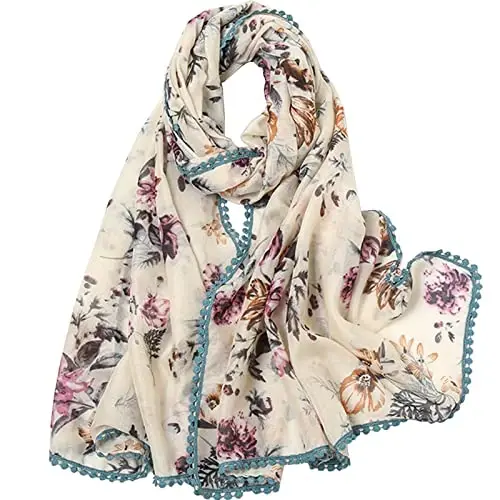 Yeieeo Boho Scarf for Women Lightweight Floral Printed Scarf Fall Winter Fashion Fringed Shawl 