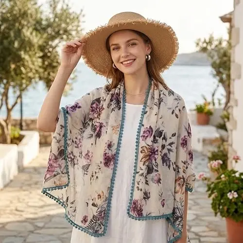 Yeieeo Boho Scarf for Women Lightweight Floral Printed Scarf Fall Winter Fashion Fringed Shawl - 3