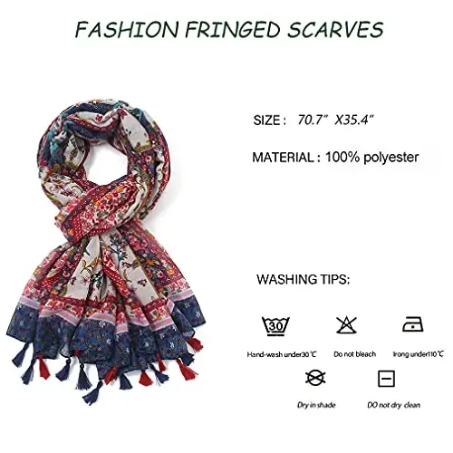 Yeieeo Kadınlar için Boho Eşarp Hafif Çiçek Baskılı Eşarp Sonbahar Kış Moda Saçaklı Şal - 11