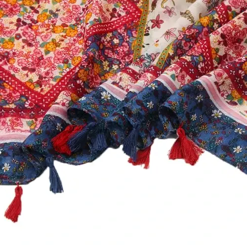 Yeieeo Kadınlar için Boho Eşarp Hafif Çiçek Baskılı Eşarp Sonbahar Kış Moda Saçaklı Şal - 4