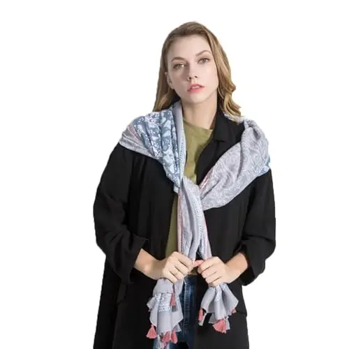 Yeieeo Boho Scarf for Women Lightweight Floral Printed Scarf Fall Winter Fashion Fringed Shawl - 9