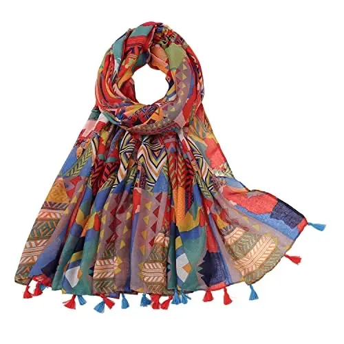 Yeieeo Boho Scarf for Women Lightweight Floral Printed Scarf Fall Winter Fashion Fringed Shawl - 1
