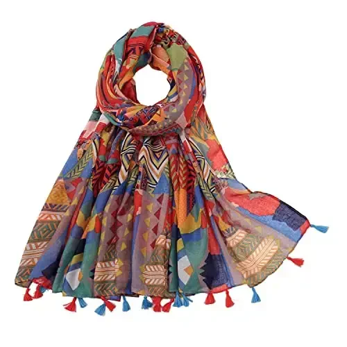 Yeieeo Boho Scarf for Women Lightweight Floral Printed Scarf Fall Winter Fashion Fringed Shawl - YEIEEO
