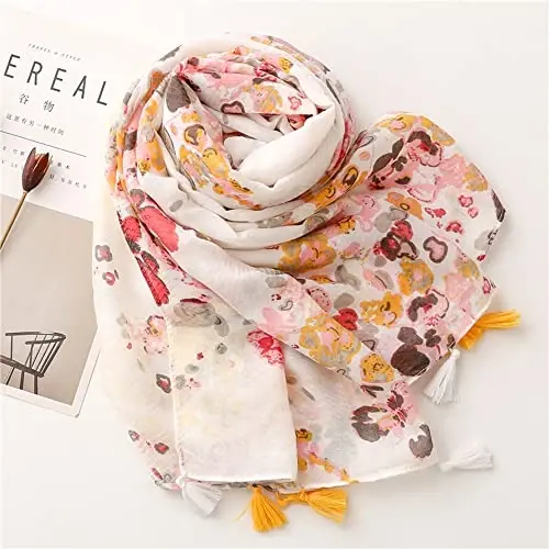 Yeieeo Boho Scarf for Women Lightweight Floral Printed Scarf Fall Winter Fashion Fringed Shawl - 8