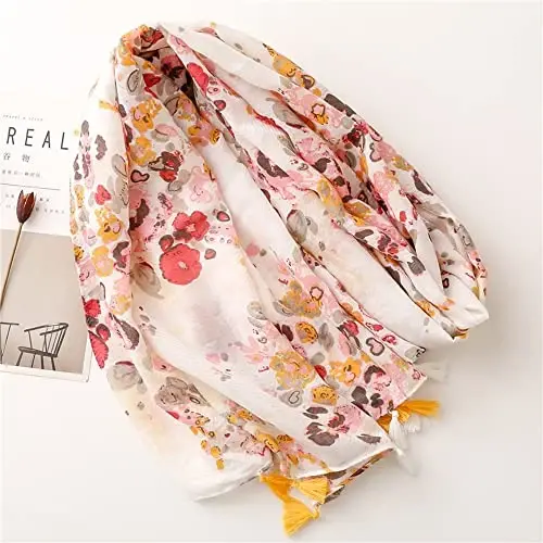 Yeieeo Boho Scarf for Women Lightweight Floral Printed Scarf Fall Winter Fashion Fringed Shawl - 5