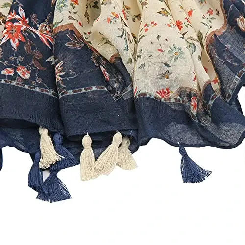 Yeieeo Boho Scarf for Women Lightweight Floral Printed Scarf Fall Winter Fashion Fringed Shawl - 8