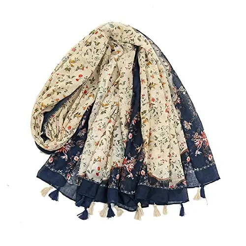 Yeieeo Boho Scarf for Women Lightweight Floral Printed Scarf Fall Winter Fashion Fringed Shawl - YEIEEO (1)