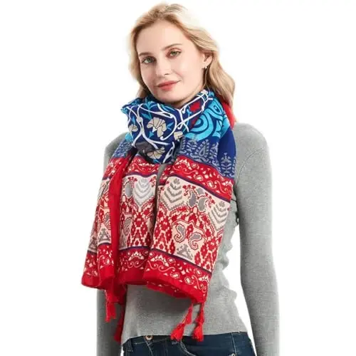 Yeieeo Boho Scarf for Women Lightweight Floral Printed Scarf Fall Winter Fashion Fringed Shawl - 6