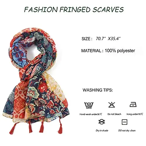 Yeieeo Boho Scarf for Women Lightweight Floral Printed Scarf Fall Winter Fashion Fringed Shawl - 12