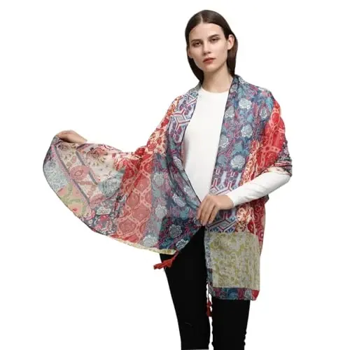 Yeieeo Boho Scarf for Women Lightweight Floral Printed Scarf Fall Winter Fashion Fringed Shawl - 5