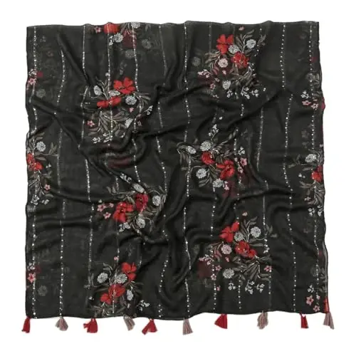 Yeieeo Kadınlar için Boho Eşarp Hafif Çiçek Baskılı Eşarp Sonbahar Kış Modası Saçaklı Şal - 8