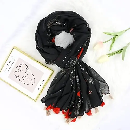 Yeieeo Kadınlar için Boho Eşarp Hafif Çiçek Baskılı Eşarp Sonbahar Kış Modası Saçaklı Şal - 12