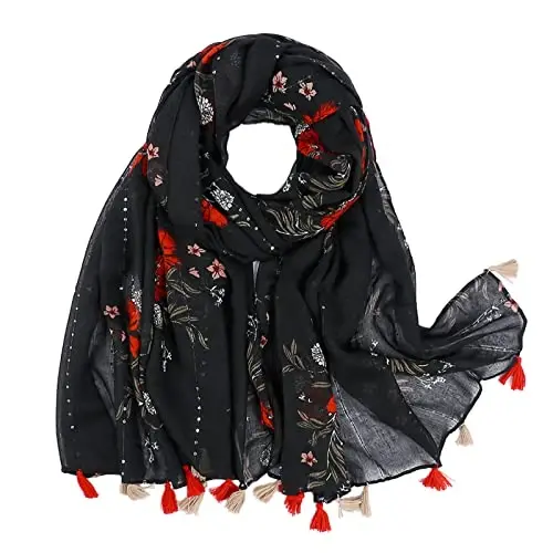 Yeieeo Boho Scarf for Women Lightweight Floral Printed Scarf Fall Winter Fashion Fringed Shawl 