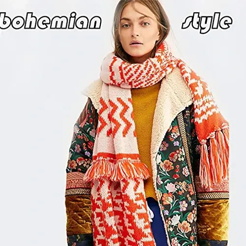 Yeieeo Boho Scarf for Women Lightweight Floral Printed Scarf Fall Winter Fashion Fringed Shawl - 5
