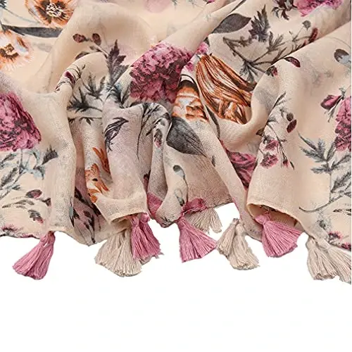 Yeieeo Boho Scarf for Women Lightweight Floral Printed Scarf Fall Winter Fashion Fringed Shawl - 4