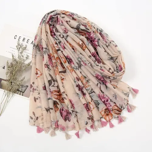 Yeieeo Kadınlar için Boho Eşarp Hafif Çiçek Baskılı Eşarp Sonbahar Kış Modası Saçaklı Şal - 4