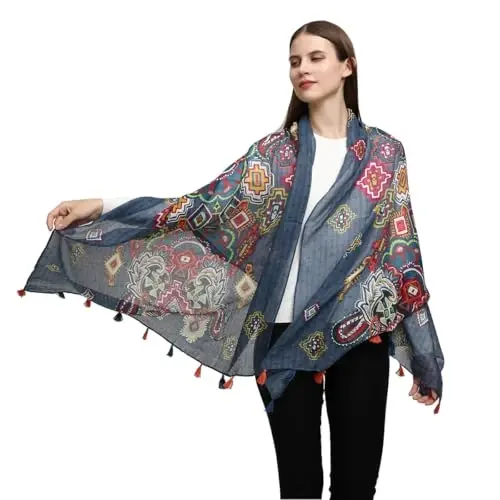Yeieeo Boho Scarf for Women Lightweight Floral Printed Scarf Fall Winter Fashion Fringed Shawl - 4