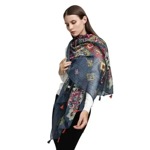 Yeieeo Boho Scarf for Women Lightweight Floral Printed Scarf Fall Winter Fashion Fringed Shawl - YEIEEO (1)