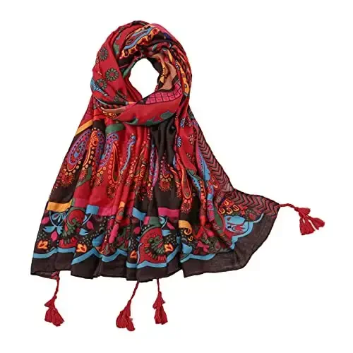 Yeieeo Boho Scarf for Women Lightweight Floral Printed Scarf Fall Winter Fashion Fringed Shawl - 1