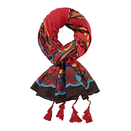 Yeieeo Boho Scarf for Women Lightweight Floral Printed Scarf Fall Winter Fashion Fringed Shawl - 4