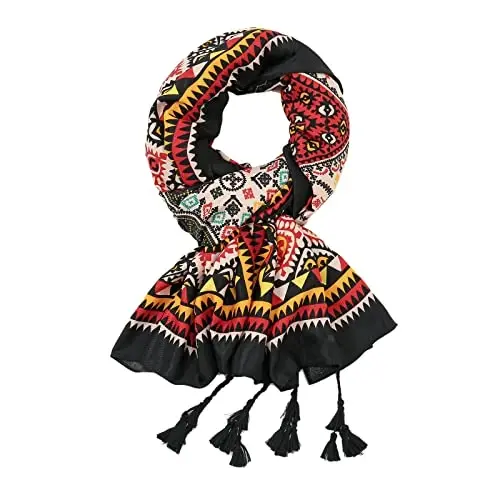 Yeieeo Boho Scarf for Women Lightweight Floral Printed Scarf Fall Winter Fashion Fringed Shawl - YEIEEO (1)