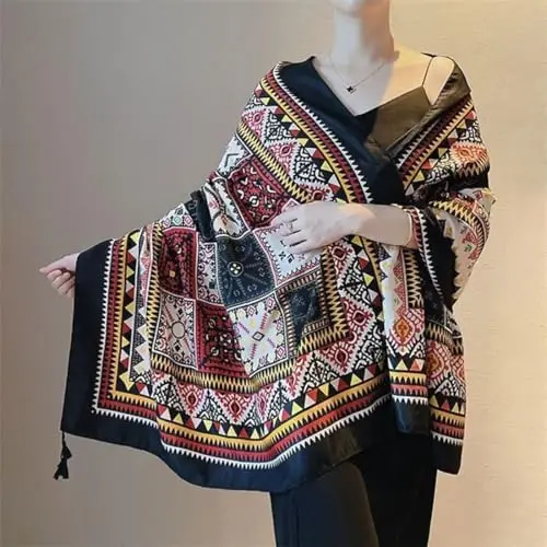 Yeieeo Boho Scarf for Women Lightweight Floral Printed Scarf Fall Winter Fashion Fringed Shawl - 5
