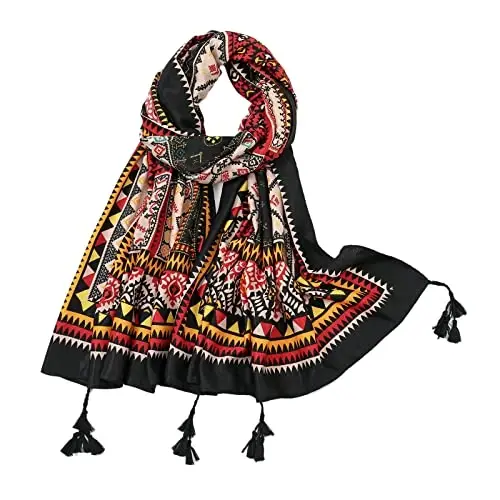 Yeieeo Boho Scarf for Women Lightweight Floral Printed Scarf Fall Winter Fashion Fringed Shawl 