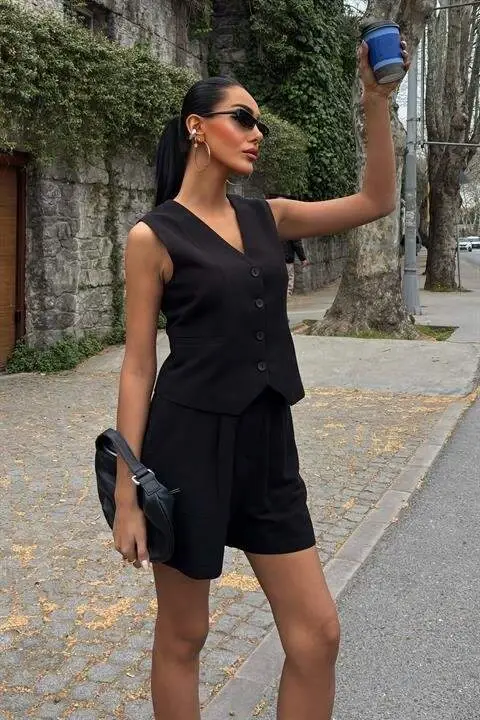 Yelek Short Flamli Keten Takımı 10133-17 - BÜYÜKBEDENIZ