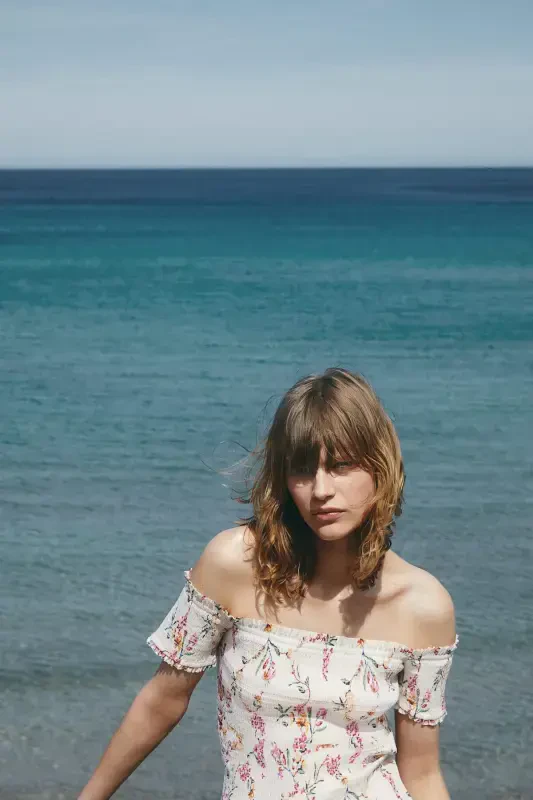 Yelkali ochik ko'ylak - Krem / Gullar - 2