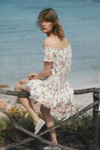 Yelkali ochik ko'ylak - Krem / Gullar - 4