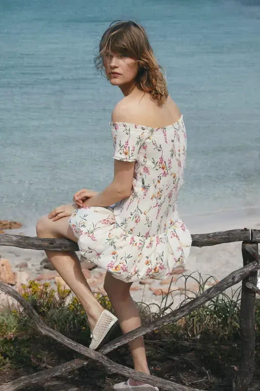 Yelkali ochik ko'ylak - Krem / Gullar - 4