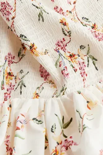 Yelkali ochik ko'ylak - Krem / Gullar - 5