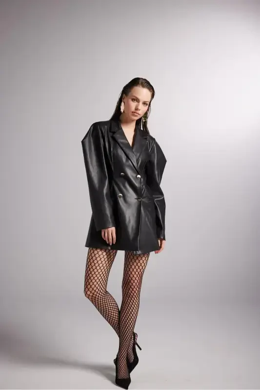 Yelkali O'lchovli Vegan Diler Teri Kurtka Qora - 7