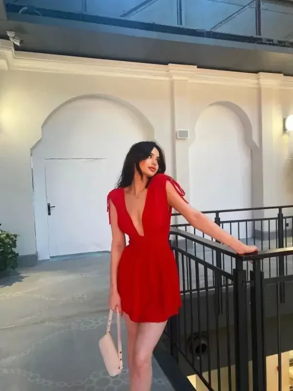 Yelkali shleyli shortli ko'ylak - Qizil - 1