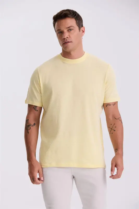 Yellow 100% Cotton Patterned Crew Neck T-Shirt - JAKAMEN