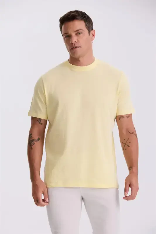 Yellow 100% Cotton Patterned Crew Neck T-Shirt - 1