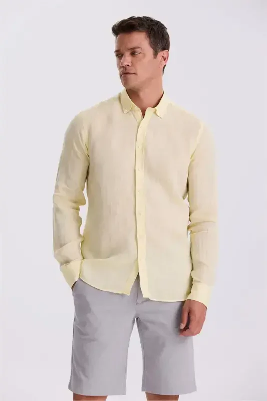 Yellow 100% Linen Buttoned Collar Comfort Fit Shirt - 2