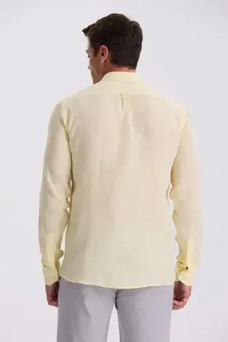 Yellow 100% Linen Buttoned Collar Comfort Fit Shirt - 4
