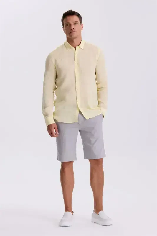 Yellow 100% Linen Buttoned Collar Comfort Fit Shirt - 1