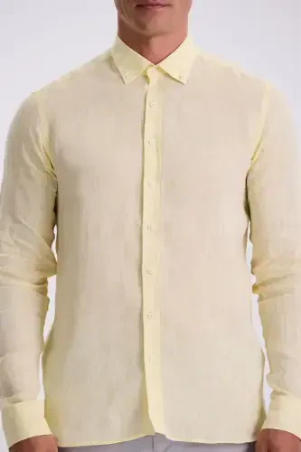 Yellow 100% Linen Buttoned Collar Comfort Fit Shirt - 3