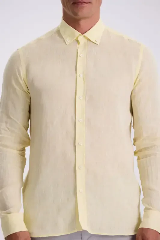 Yellow 100% Linen Buttoned Collar Comfort Fit Shirt - 3