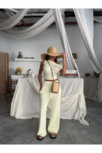 Yellow Boat Neck Gathered Blouse Pants Set-Yellow - 1