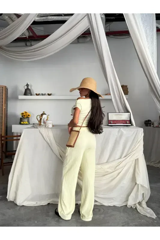 Yellow Boat Neck Gathered Blouse Pants Set-Yellow - 2