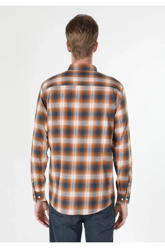 Yellow, checkered, long-sleeved, regular fit men's shirt. - 2