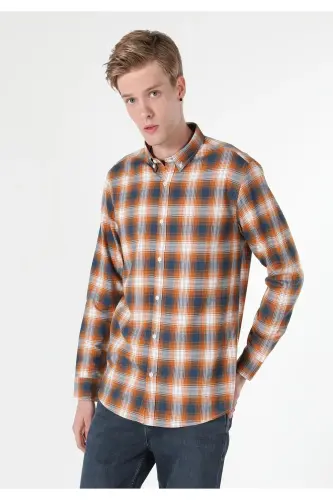 Yellow, checkered, long-sleeved, regular fit men's shirt. - 3
