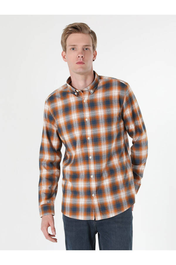 Yellow, checkered, long-sleeved, regular fit men's shirt. - 1