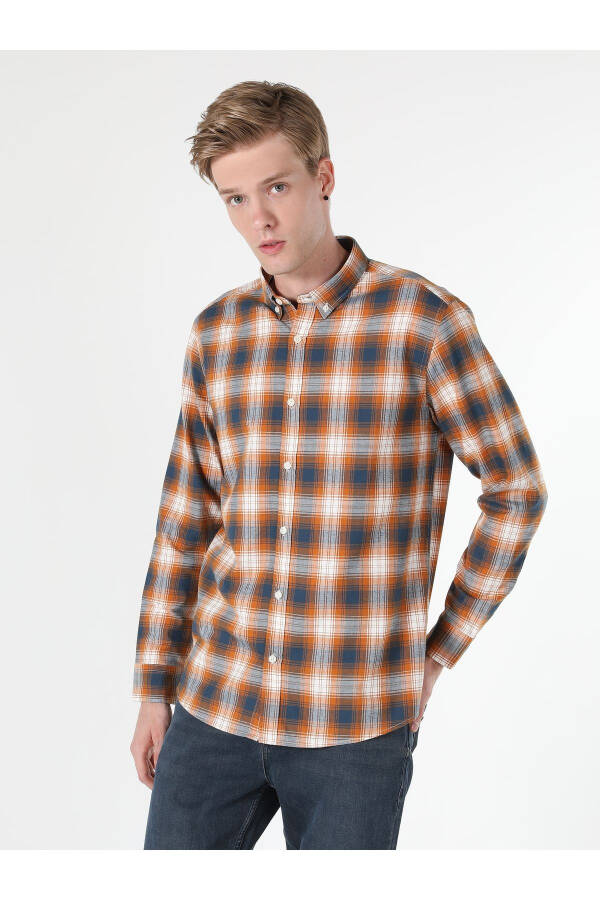 Yellow, checkered, long-sleeved, regular fit men's shirt. - 3