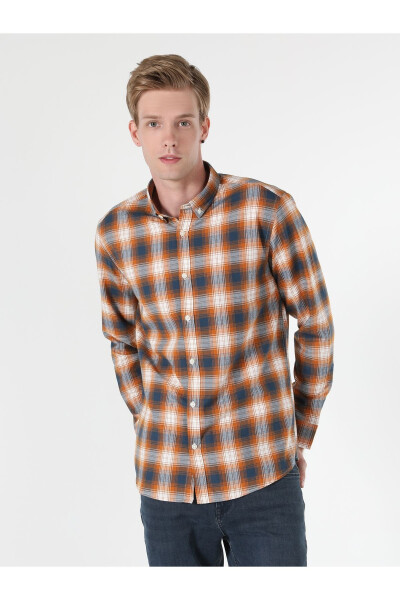 Yellow, checkered, long-sleeved, regular fit men's shirt. - 4