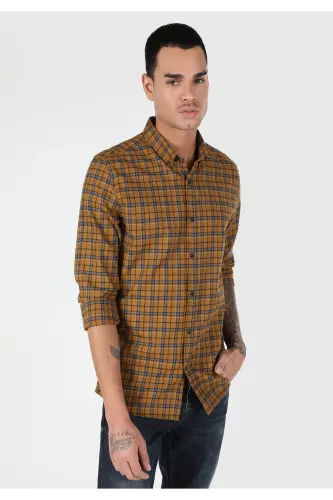 Yellow, checkered, long-sleeved, slim fit men's shirt (Cl1061023) - 1